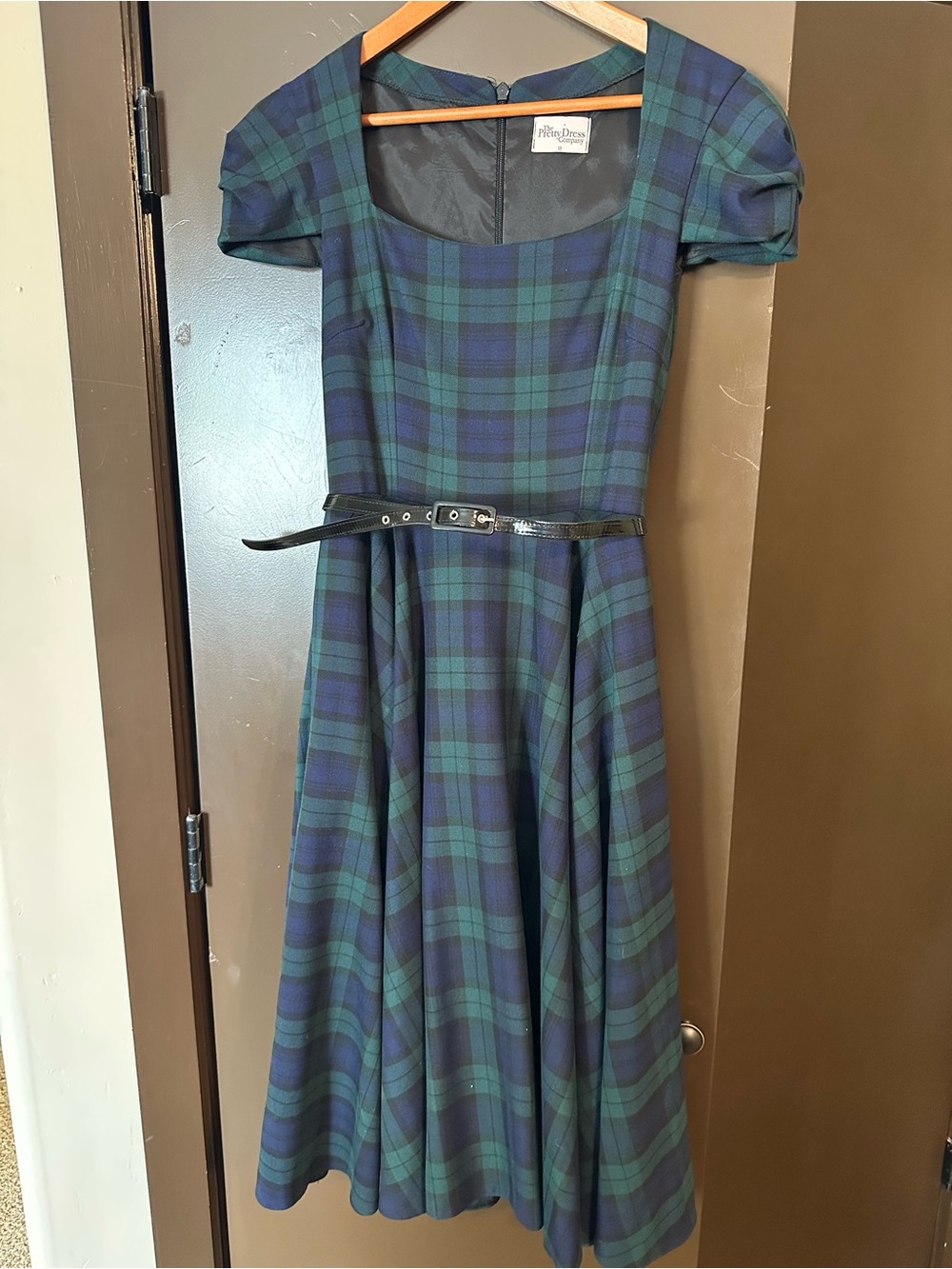 Vintage-Inspired Green & Navy Plaid Fit-and-Flare Dress